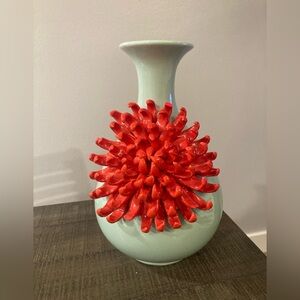 Anthropologie blue and red Chrysanthemum floral vase